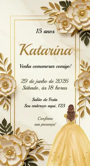 Convite de 15 Anos Elegante com Flores Douradas para Editar