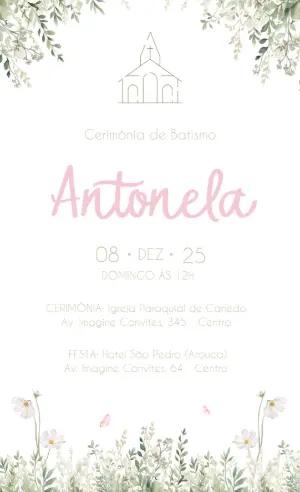 Convite de Batismo Floral Rosa em Aquarela para Editar