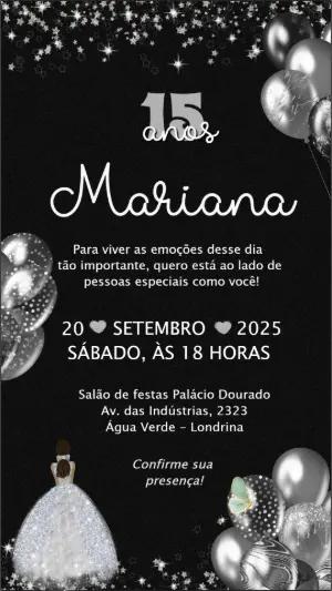 Convite de 15 anos Debutante Preto e Prata Editável