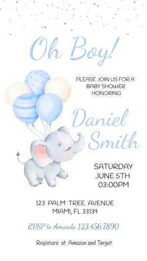 Editable Boy Baby Shower Invitation with Cute Elephant & Balloons