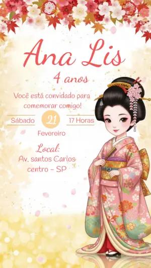 Convite de Aniversário Tema Japonês Gueixa para Editar