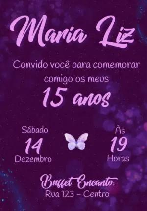 Convite 15 anos Roxo Galáxia com Borboleta para Editar