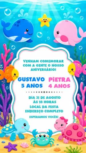 Convite de Aniversário Duplo Fundo do Mar Editável