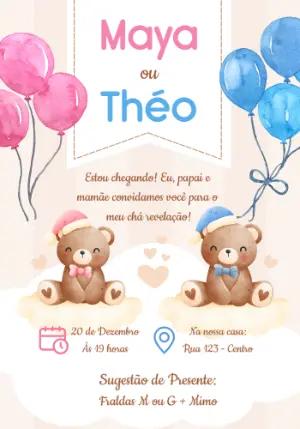 Convite Chá Revelação Ursinhos Aquarela para Editar Online