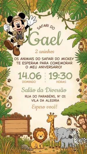 Convite de Aniversário Mickey Safari Editável para Menino