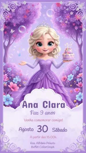 Convite de Aniversário Princesa Lilás Mágico para Editar
