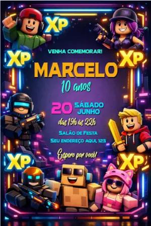 Convite de Aniversário Gamer Neon Estilo Jogo para Editar