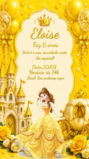 Convite Editável Aniversário Princesa Bela Dourado