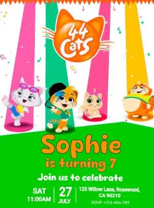 Colorful 44 Cats Birthday Invitation | Editable Digital Template