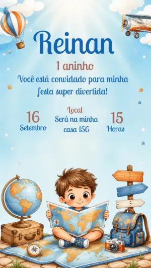 Convite Aniversário Infantil Tema Viajante Editável
