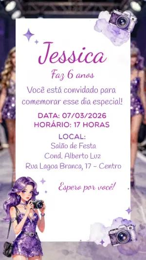 Convite de Aniversário Fashion Roxo com Ilustração para Editar