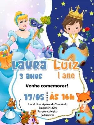 Convite Aniversário Duplo Cinderela e Pequeno Príncipe para Editar