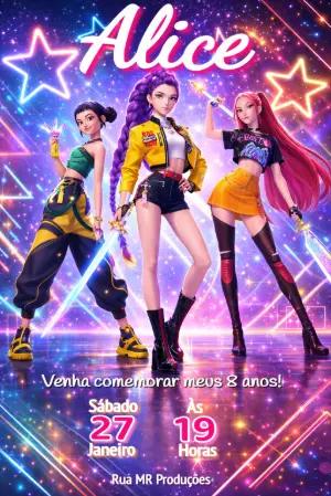Convite Digital Aniversário Guerreiras do K-pop Neon para Editar