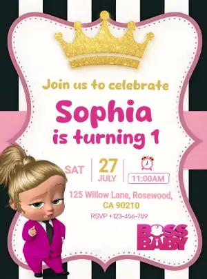 Editable Boss Baby Girl Invitation for First Birthday