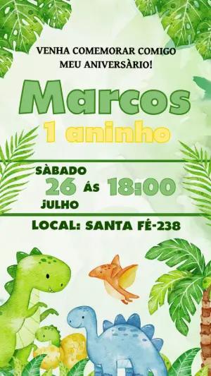 Convite de Aniversário Dinossauro Baby Aquarela para Editar