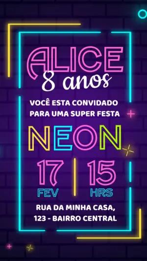 Convite de Aniversário Neon Editável para Enviar Online