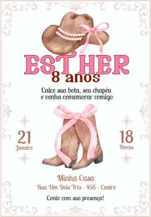 Convite de Aniversário Cowgirl Rosa e Marrom para Editar
