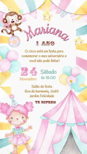 Convite de Aniversário Circo Rosa Aquarela para Editar Online