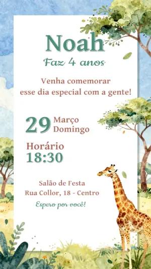 Convite de Aniversário Infantil Safari Aquarela para Editar