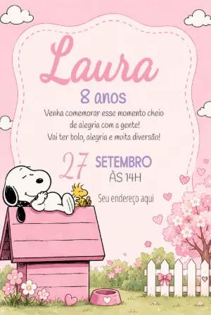 Convite de Aniversário Snoopy Rosa para Editar