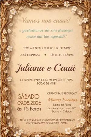 Convite Bodas de Vime Rústico Floral para Editar
