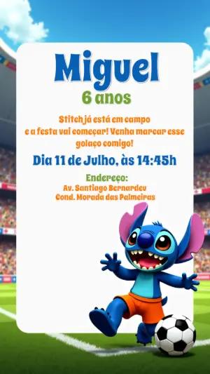 Convite de Aniversário Stitch Futebol para Editar Online