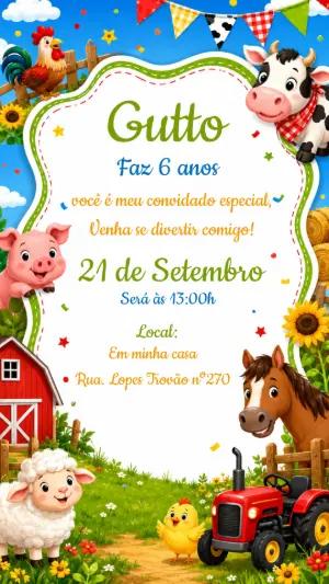 Convite de Aniversário Fazendinha Infantil Colorido para Editar