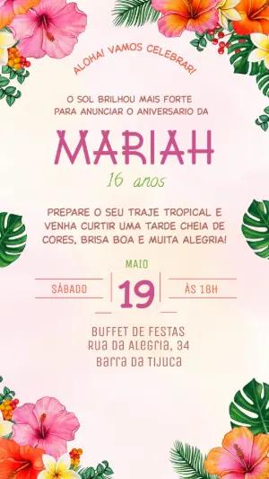 Convite de Aniversário Tropical com Flores Havaianas Editável