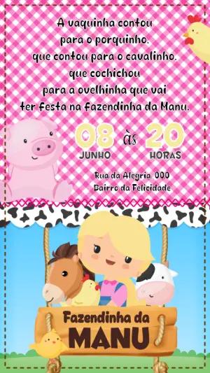 Convite Digital Festa Fazendinha Menina para Editar