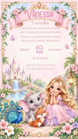 Convite Princesa e Animais Encantados Editável para Aniversário