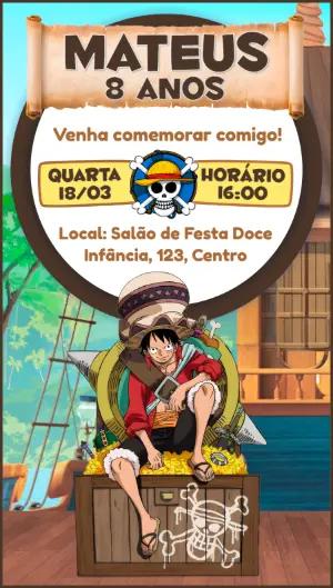 Convite de Aniversário One Piece Luffy no Baú do Tesouro Editável