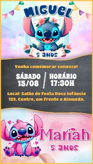 Convite Aniversário Duplo Stitch e Angel para Editar Online