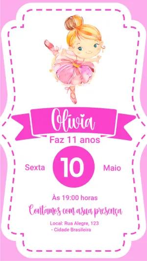 Convite de Aniversário Bailarina Aquarela Rosa para Editar
