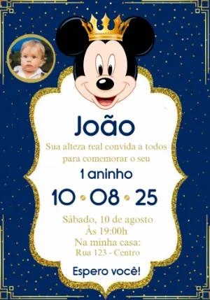 Convite Aniversário Mickey Realeza com Foto para Editar
