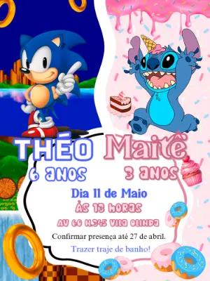 Convite Aniversário Duplo Sonic e Stitch para Editar Online