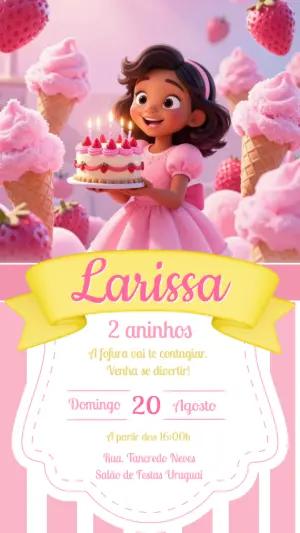 Convite de Aniversário Sorvete e Morango Rosa para Editar