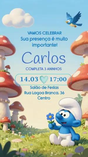 Convite de Aniversário Infantil Smurf na Floresta Editável