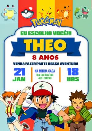 Convite Digital Pokémon Clássico para Aniversário Editável