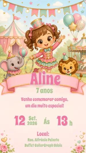 Convite de Aniversário Editável Tema Circo Rosa Menina