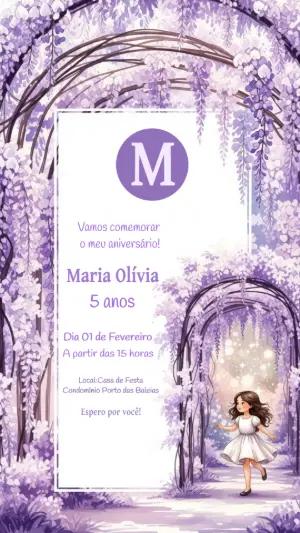 Convite Aniversário Jardim Encantado Lilás para Editar Online