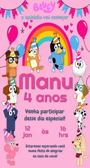 Convite de Aniversário Bluey Rosa para Editar