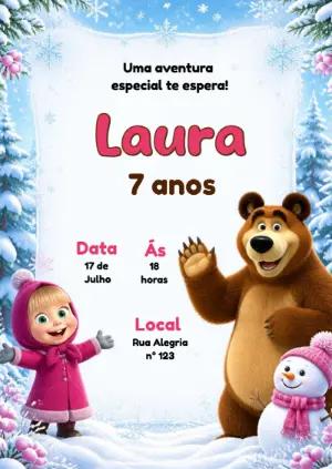 Convite de Aniversário Masha e o Urso Inverno Editável