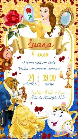 Convite de Aniversário A Bela e a Fera para Editar Online