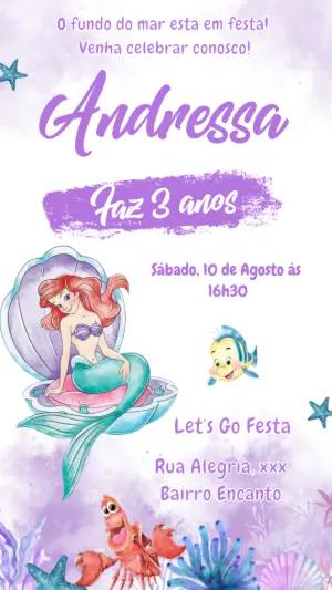 Convite de Aniversário Pequena Sereia Ariel para Editar Online