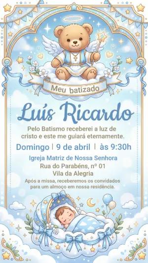 Convite de Batizado Menino Ursinho Anjo Celestial Editável