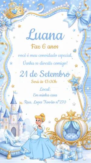 Convite Aniversário Princesa Cinderela Azul Modelo Editável