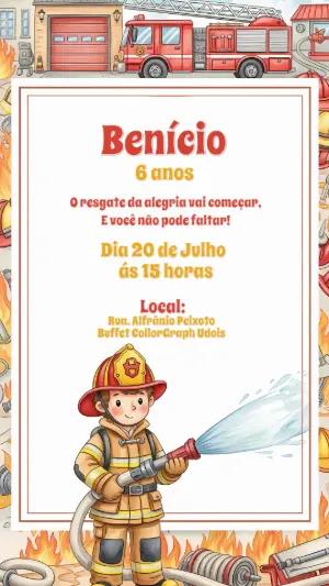 Convite de Aniversário Bombeiro Infantil para Editar Online