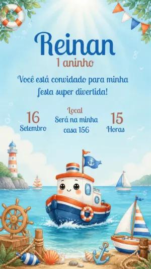 Convite de Aniversário Barquinho Náutico Digital para Editar