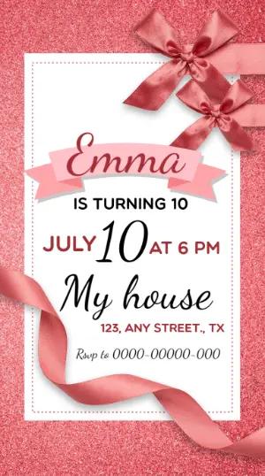 Editable Pink Bow Birthday Invitation with Glitter