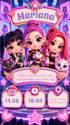 Convite de Aniversário Guerreiras do K-pop Neon Editável